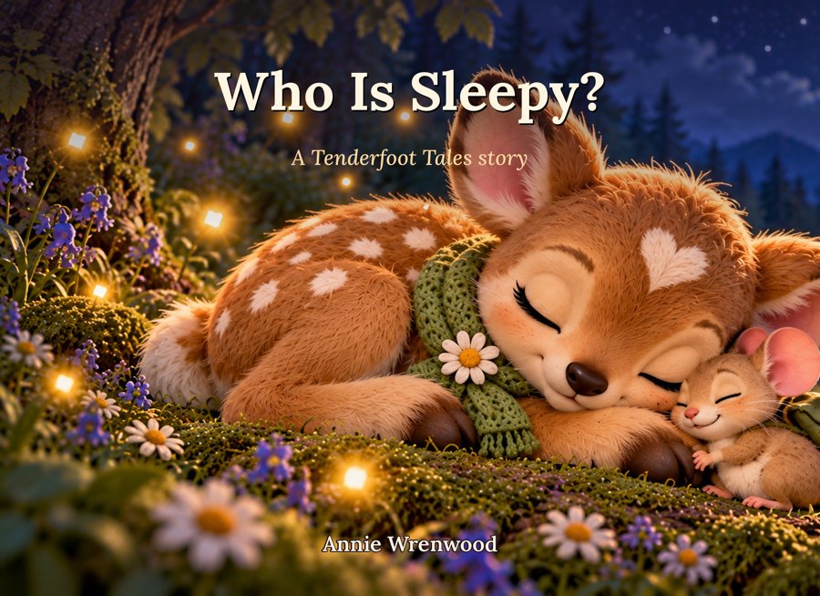 Front cover of Who Is Sleepy?, showing Clover the fawn asleep with Barley the mouse