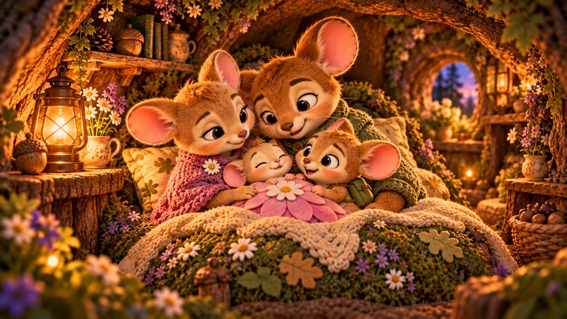 The mouse family cuddled together in their burrow