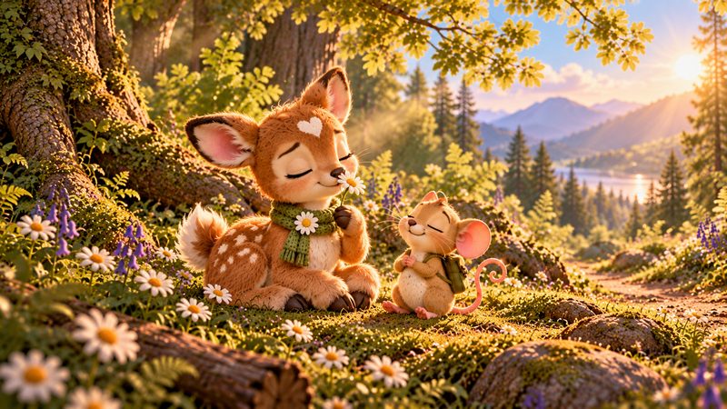 Clover the fawn and Barley the mouse breathing calmly together in a sunny glade
