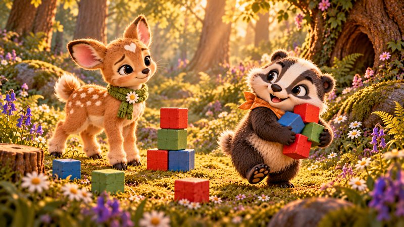 Clover and Bramble with their building blocks