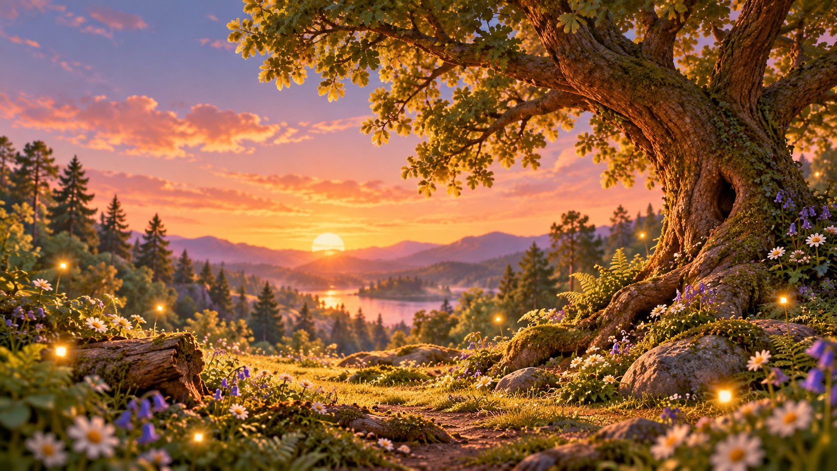 Tenderfoot Wood at golden sunset, with fireflies glowing among the daisies